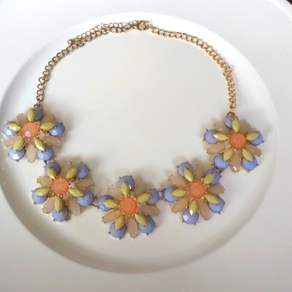 VINTAGE Floral Statement Necklace in Gold and Pastel Colors